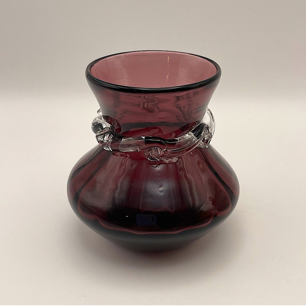 Hand Blown, Small, Amethyst Glass Vase, Clear Ruffled Accent